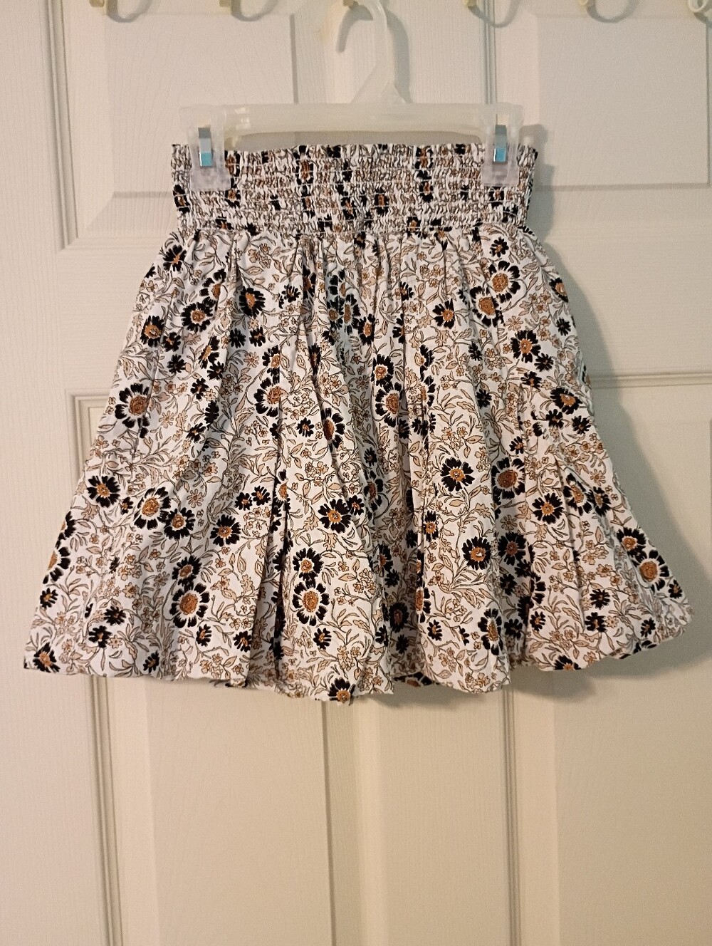 BURU Floral Bubble Skirt Cream Brown Sunflower Smocked Waist Lined XS